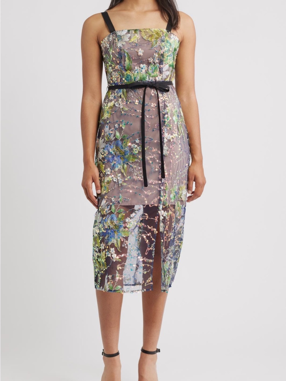 Sam Edelman Floral Embroidered Sheer Midi Dress with Black Straps